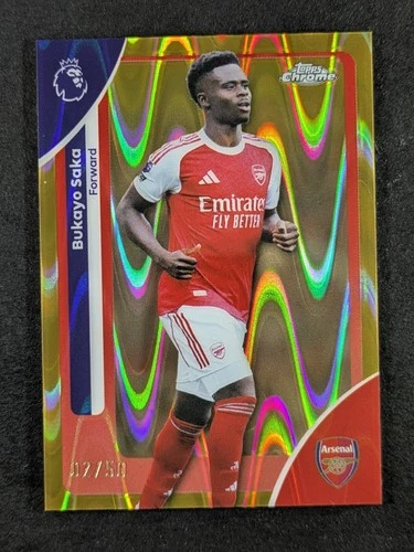 Bukayo Saka 2025 Topps Chrome Gold RayWave Refractor 2/50
