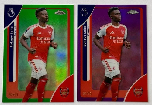 Bukayo Saka 2025 Topps Chrome Green and Purple /99 and /75