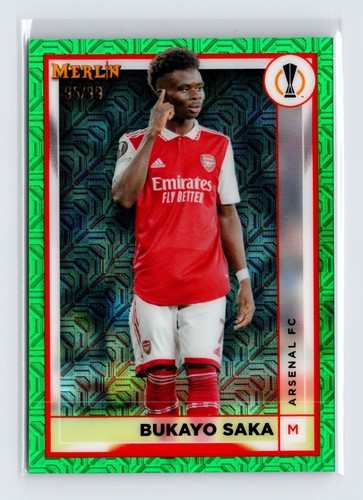 Bukayo Saka 2022 Topps Chrome Merlin Green Mojo /99