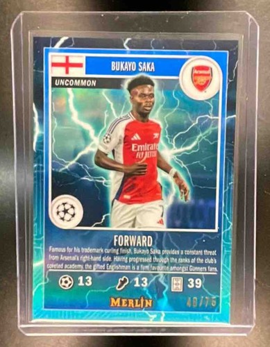 Bukayo Saka 2024 Topps Merlin Chrome Blue Lightning /75