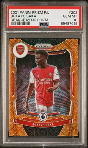Bukayo Saka 2021 Panini Prizm Premier League Orange Mojo Prizm #202