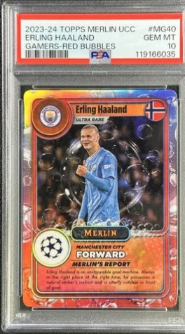 Erling Haaland 2024 Topps Merlin Chrome Red Bubbles Refractor 9/10