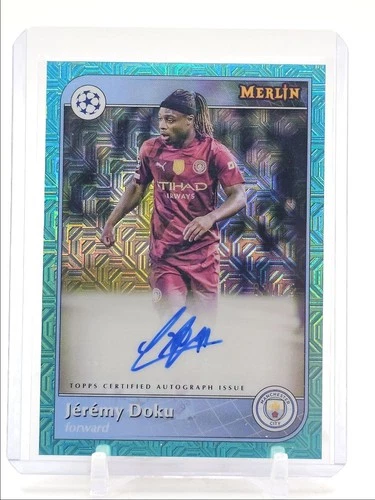 Jeremy Doku 2024 Topps Chrome Merlin Aqua Mojo /75