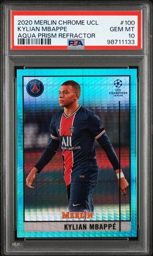 Kylian Mbappe 2020 Topps Chrome Merlin Chrome Aqua Prism Refractor