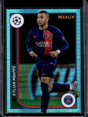 Kylian Mbappe 2024 Topps Chrome Merlin UEFA Aqua Prism Refractor #92