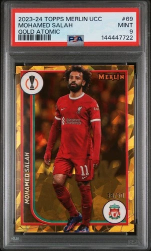 Mohamed Salah 2023 Topps Chrome Merlin UEFA Gold Atomic /50