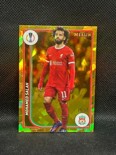 Mohamed Salah 2023 Topps Chrome Merlin UEFA Gold Atomic Refractor /50