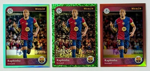 Raphinha 2024 Topps Merlin Chrome Green Speckle, Aqua, Rose Gold /99, /75